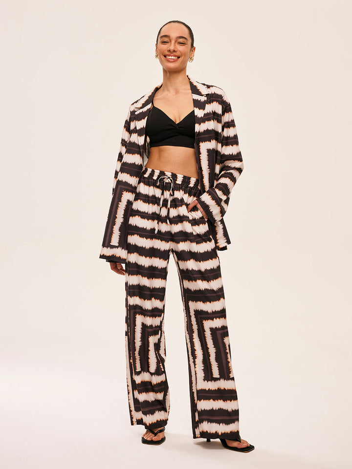 Geometric Color-Block Pants Set With Pockets