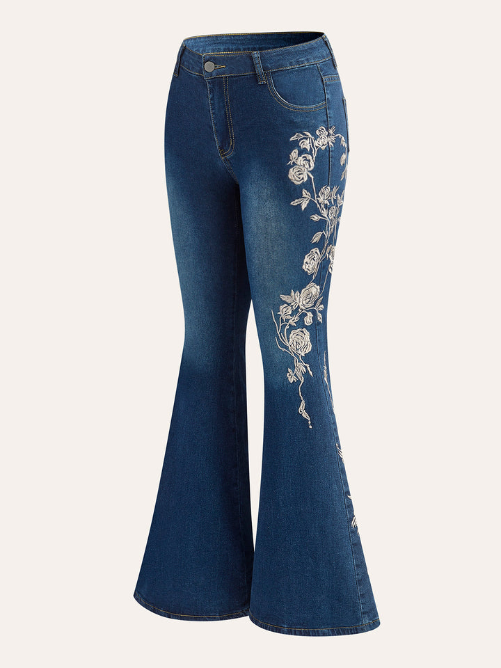 Mid-Taille Jeans mit ausgestelltem Bein und Stickerei