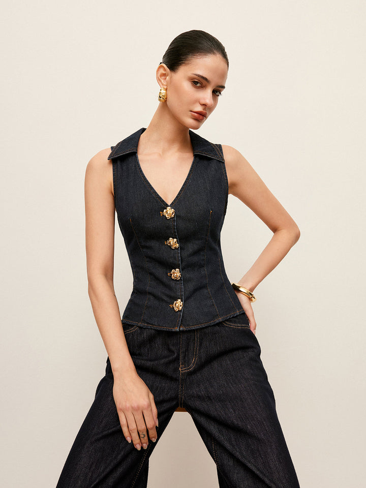 Denim Hemdkragenweste mit Blumenknopfdetail