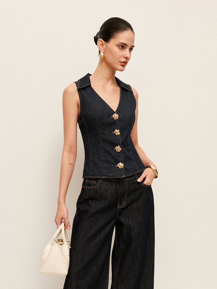 Denim Kragenweste mit floralem Knopfdetail