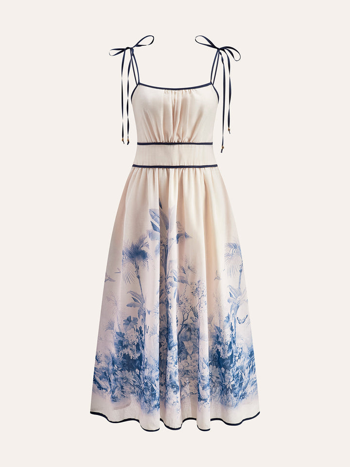 Color Block Floral Print Kleid mit Bindeträgern