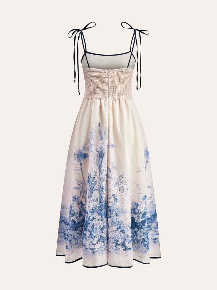 Color Block Floral Print Kleid mit Bindeträgern