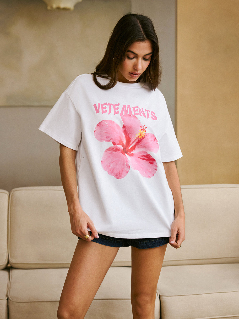 Baumwoll-Rundhals-T-Shirt mit Print