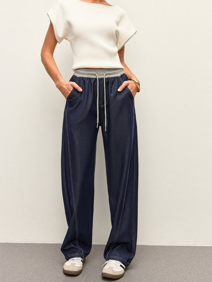 High-Waist-Gürtel-Denim-Hose Mit Taschen