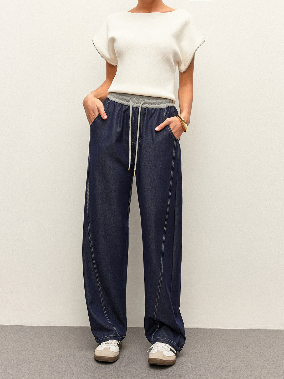 High-Waist-Gürtel-Denim-Hose Mit Taschen