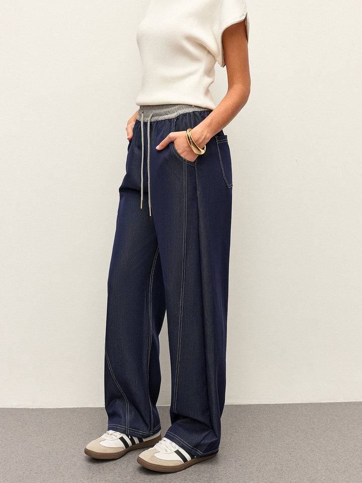 High-Waist-Gürtel-Denim-Hose Mit Taschen