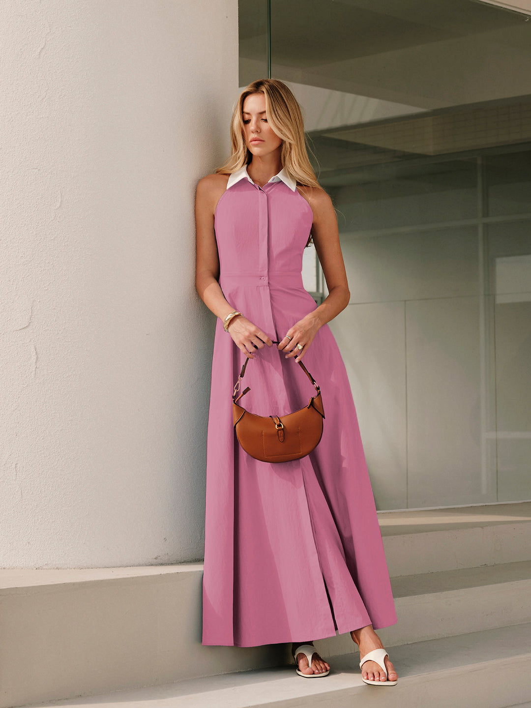 Knopf Ärmelloses Kleid mit Kragen