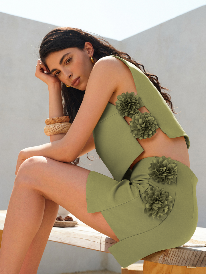 3D Blumen-Aufdruck Kurzer Rock-Set
