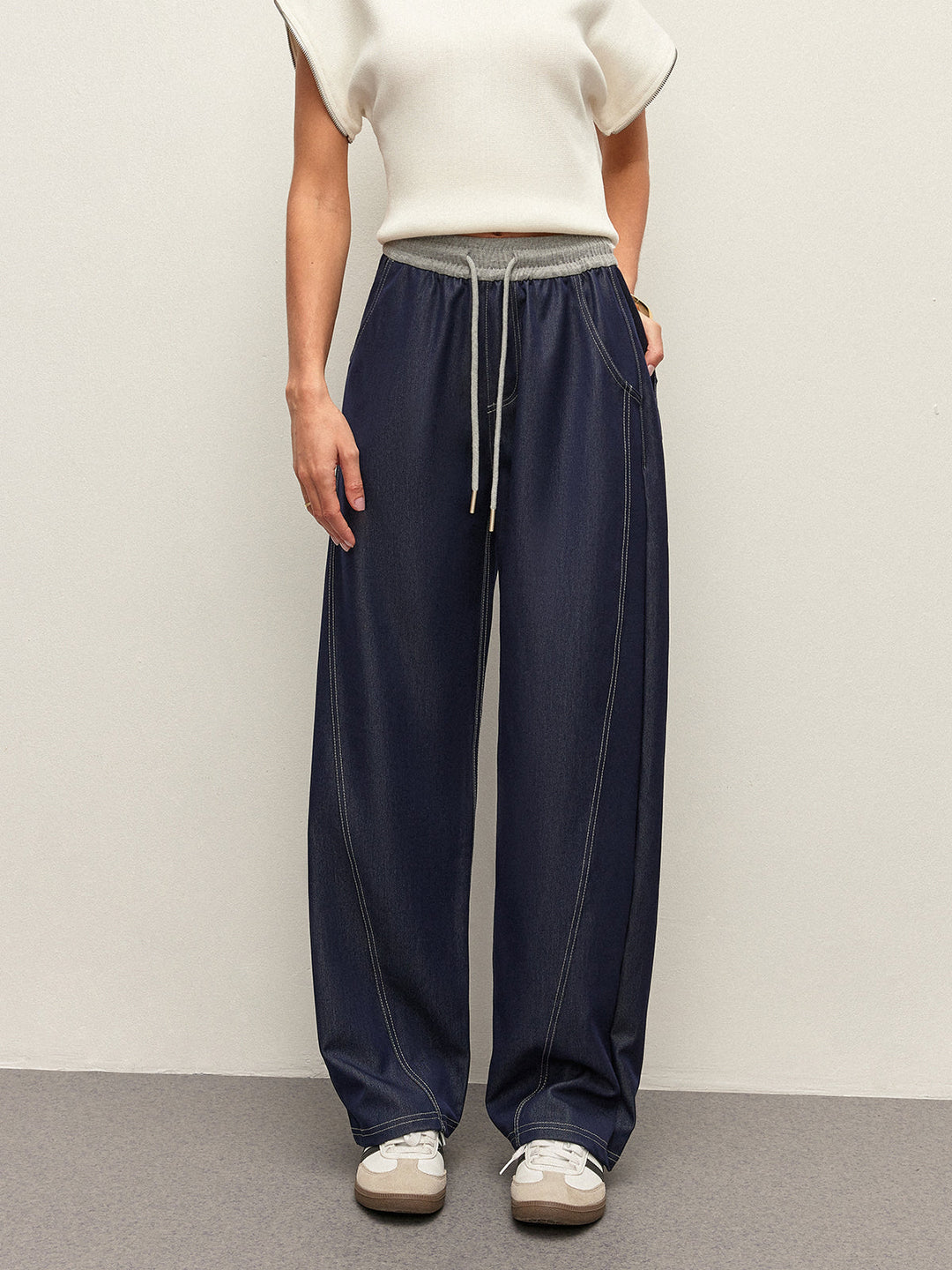 High-Waist-Gürtel-Denim-Hose Mit Taschen