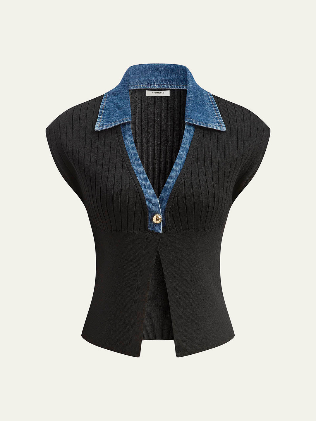 Denim Besatz Rippstrick-Oberteil