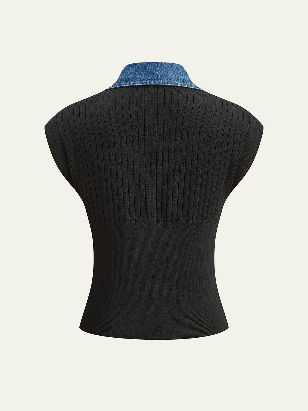 Denim Besatz Rippstrick-Oberteil