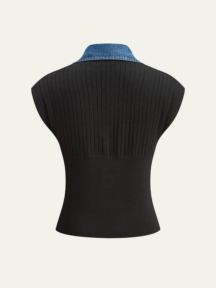 Denim Besatz Rippstrick-Oberteil
