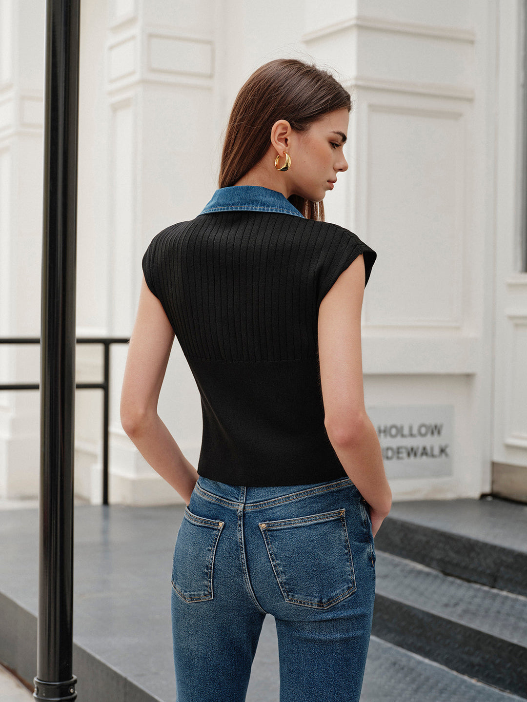 Denim Besatz Rippstrick-Oberteil