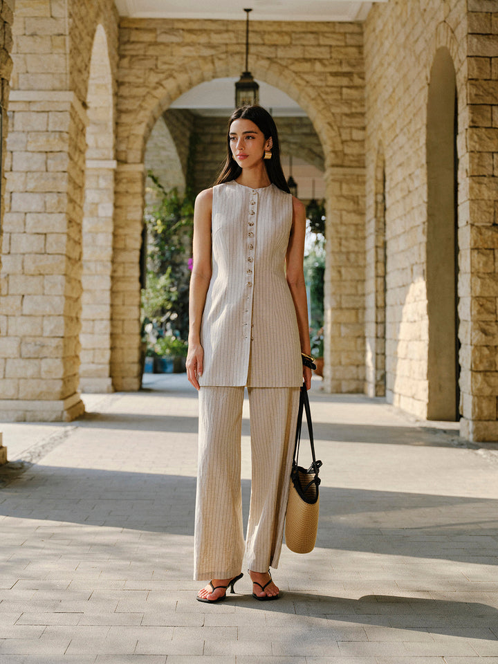 Leinenmischung Hose mit mittlerer Taille und Taschen