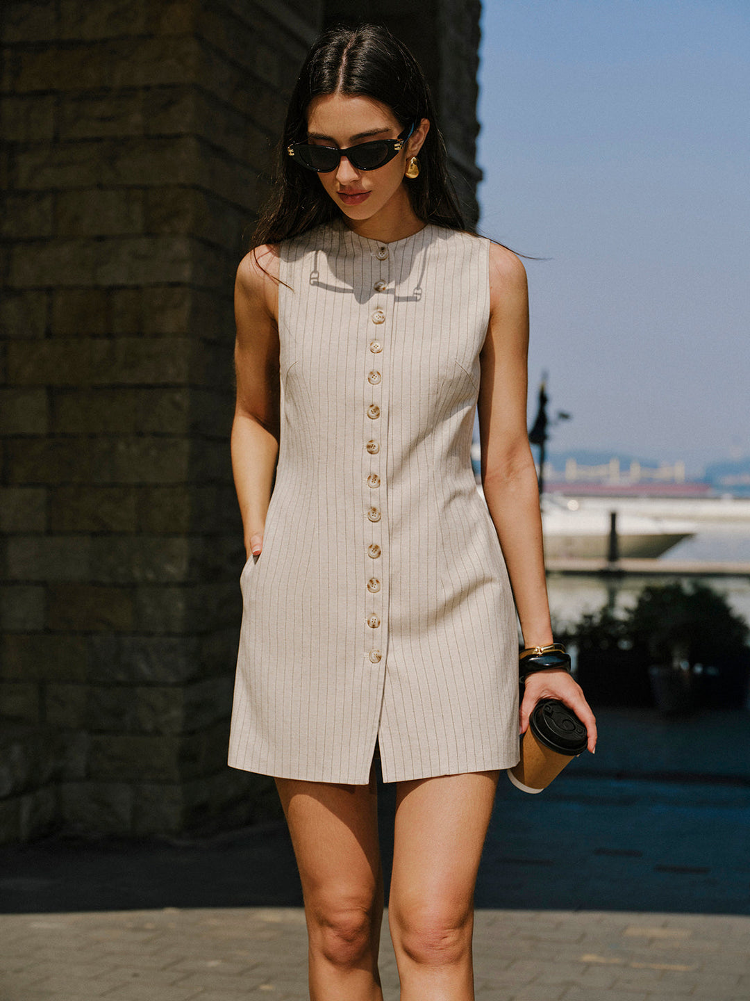 Kleid mit Knopfleiste aus Leinenmischung und Taschen