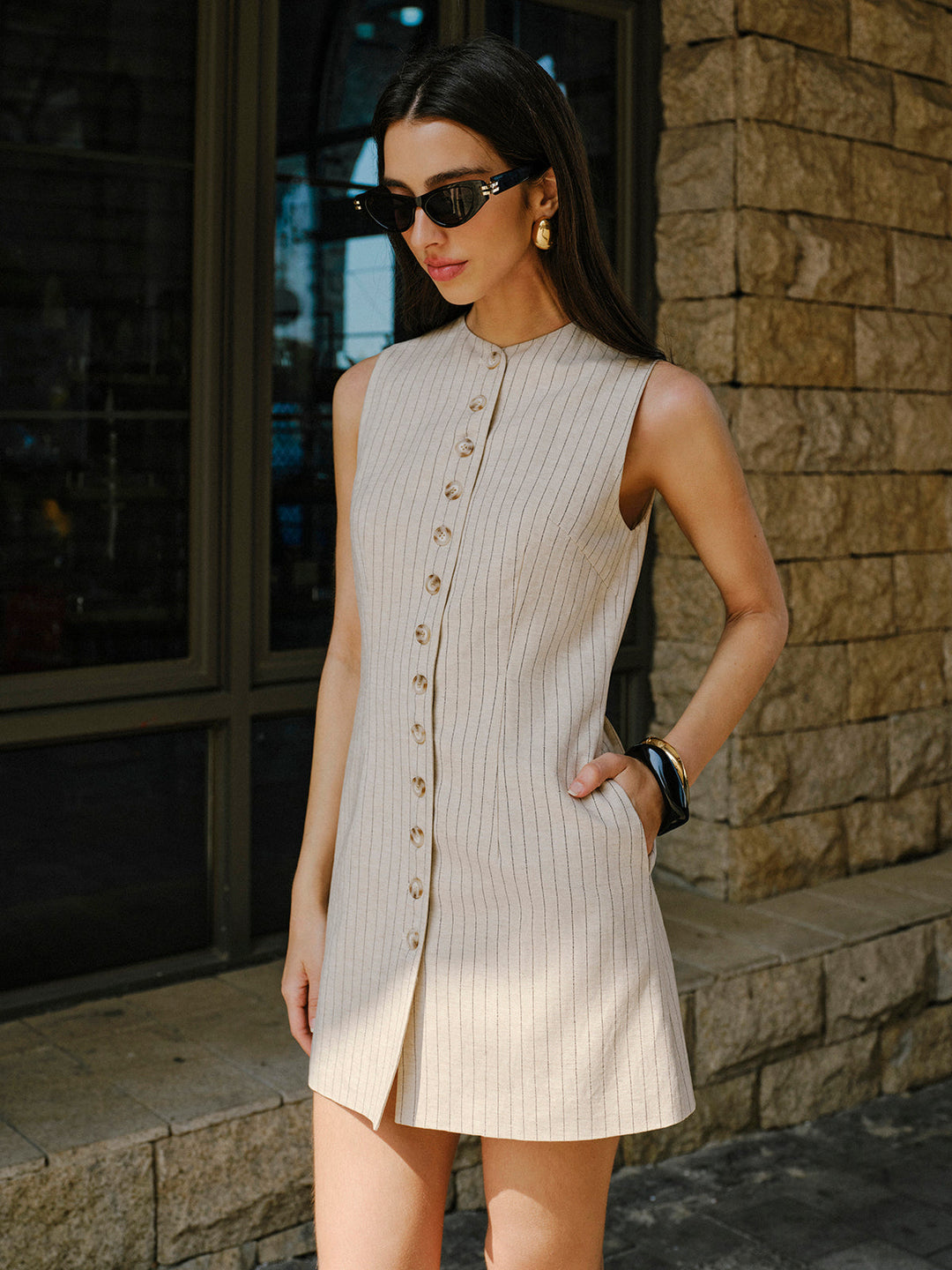 Kleid mit Knopfleiste aus Leinenmischung und Taschen