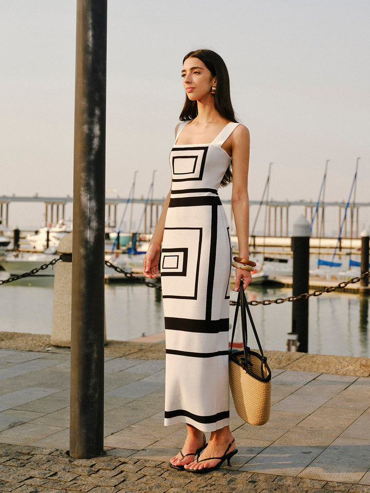 Geometrischer Pulloverkleid mit quadratischem Ausschnitt