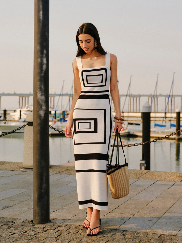 Geometrischer Pulloverkleid mit quadratischem Ausschnitt
