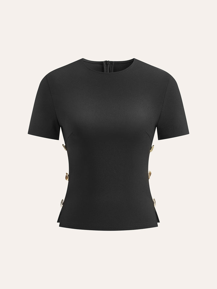 T-Shirt mit ausgeschnittenen seitlichen Metalldetails und Reißverschluss