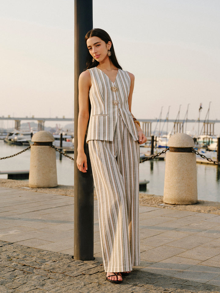 Leinen- & Baumwollhose mit mittlerer Taille und gestreiftem, weitem Bein