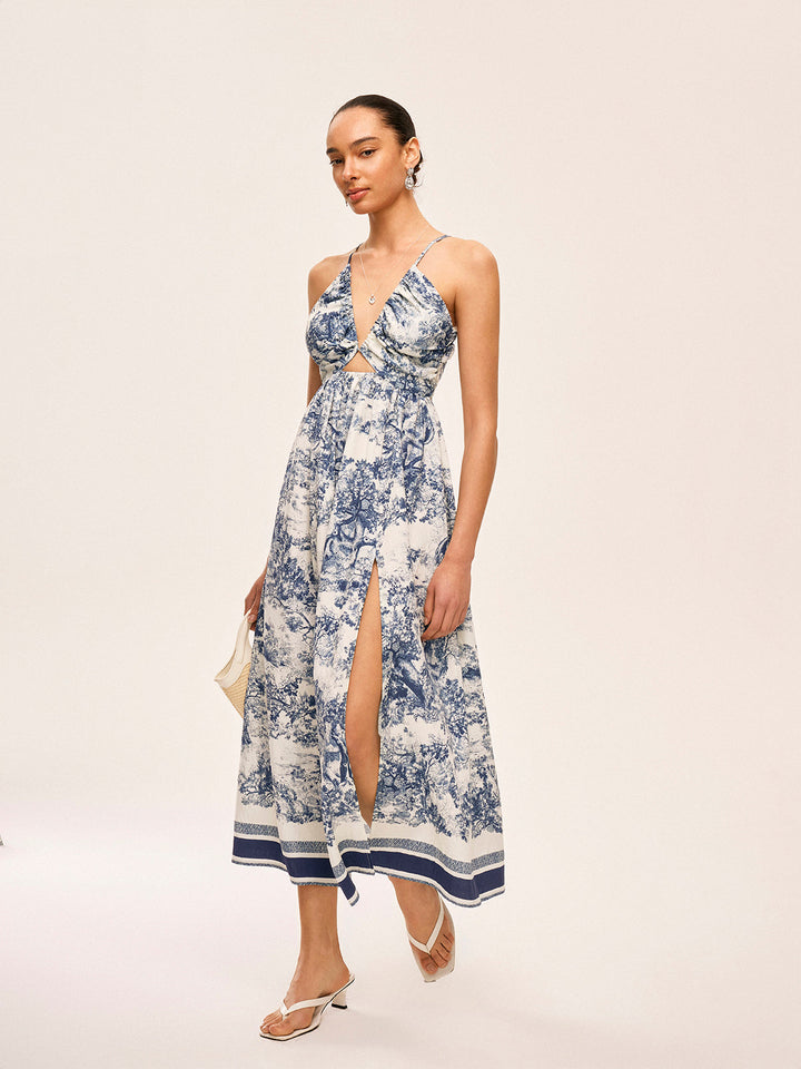 Bedrucktes Kleid mit Kontrastbesatz und Knoten