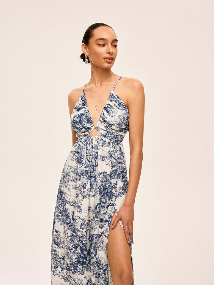 Bedrucktes Kleid mit Kontrastbesatz und Knoten