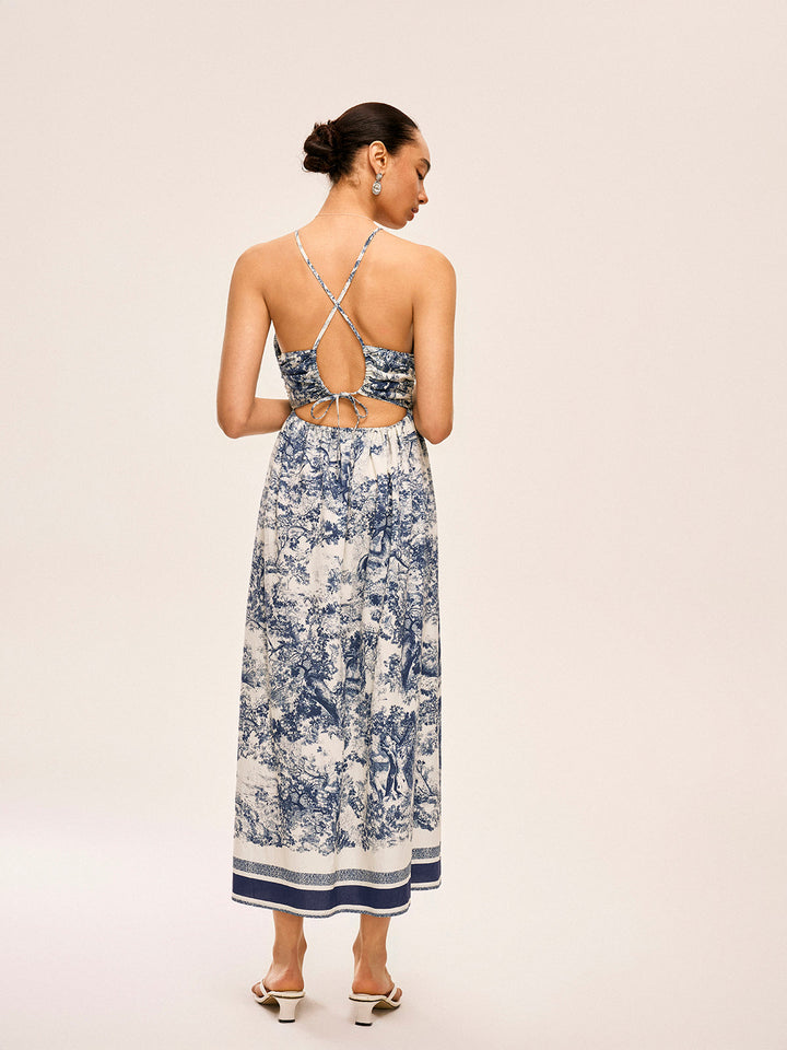 Bedrucktes Kleid mit Kontrastbesatz und Knoten