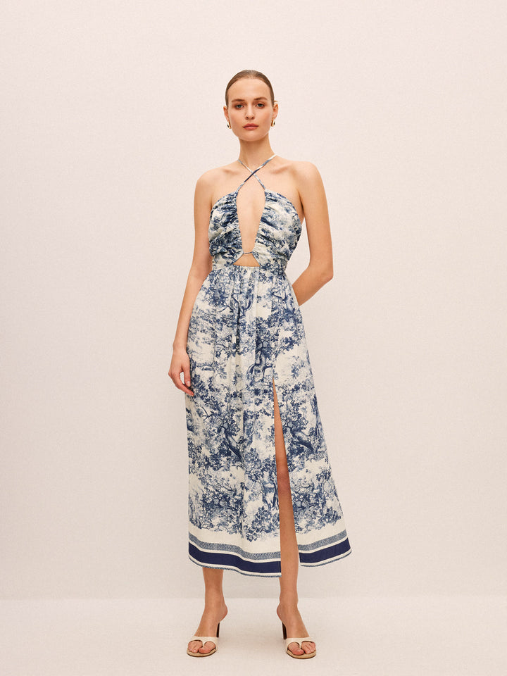 Bedrucktes Kleid mit Kontrastbesatz und Knoten