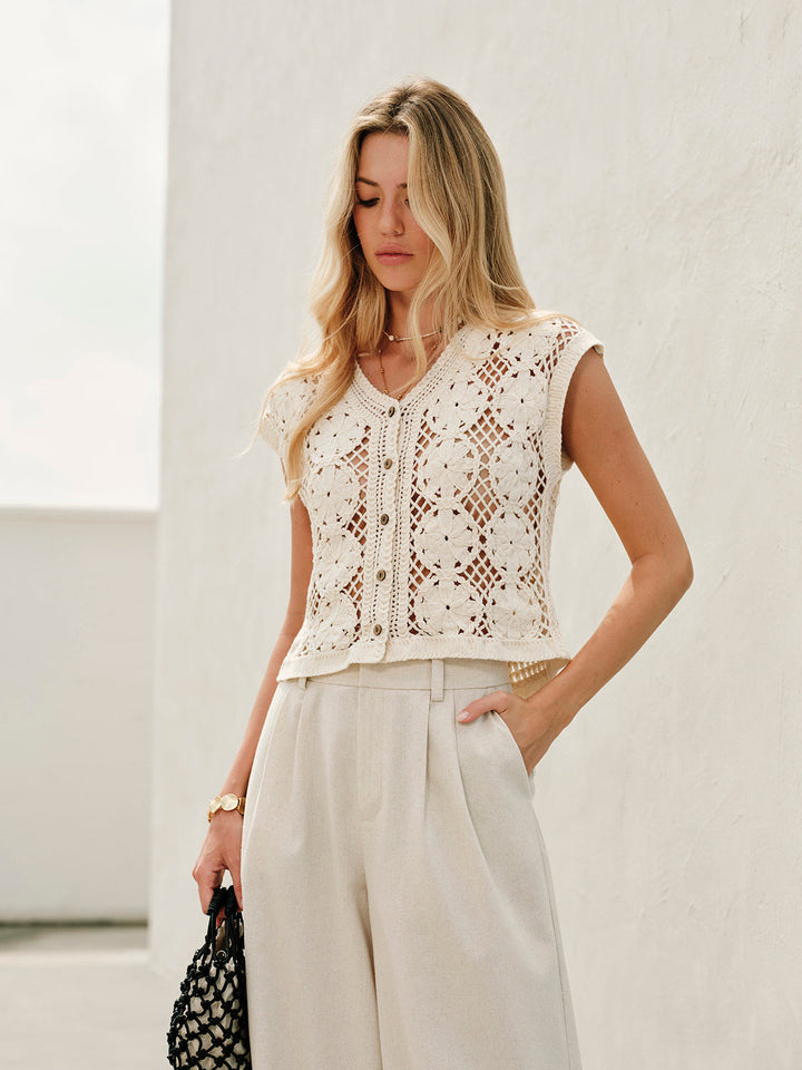 Semi-Sheer Jacquard Cut-Out V-Ausschnitt Tanktop