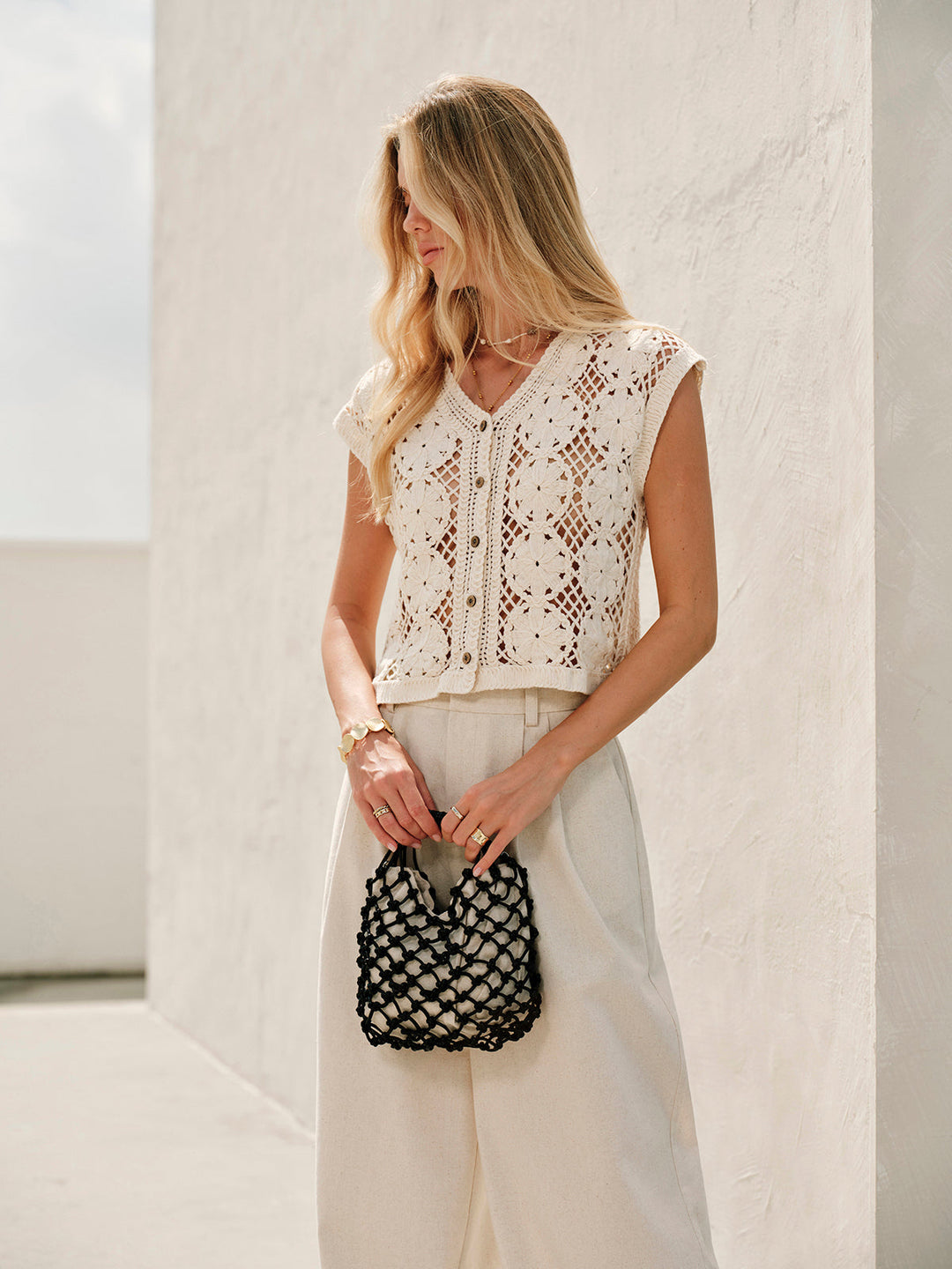 Semi-Sheer Jacquard Cut-Out V-Ausschnitt Tanktop