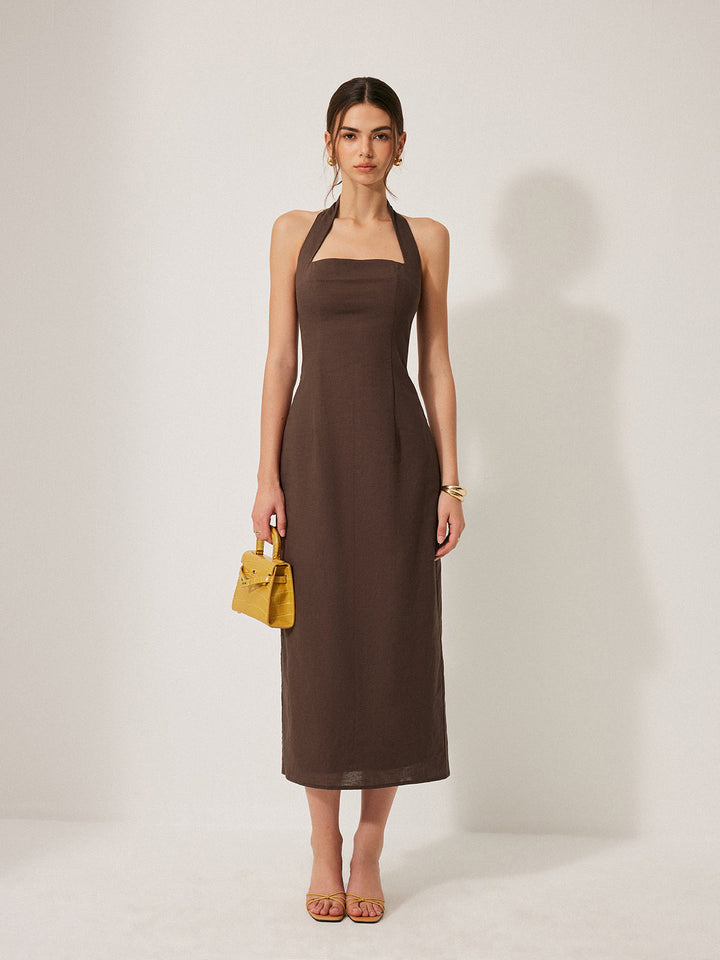 Kleid mit Neckholder und Schlitz aus Baumwolle & Leinen
