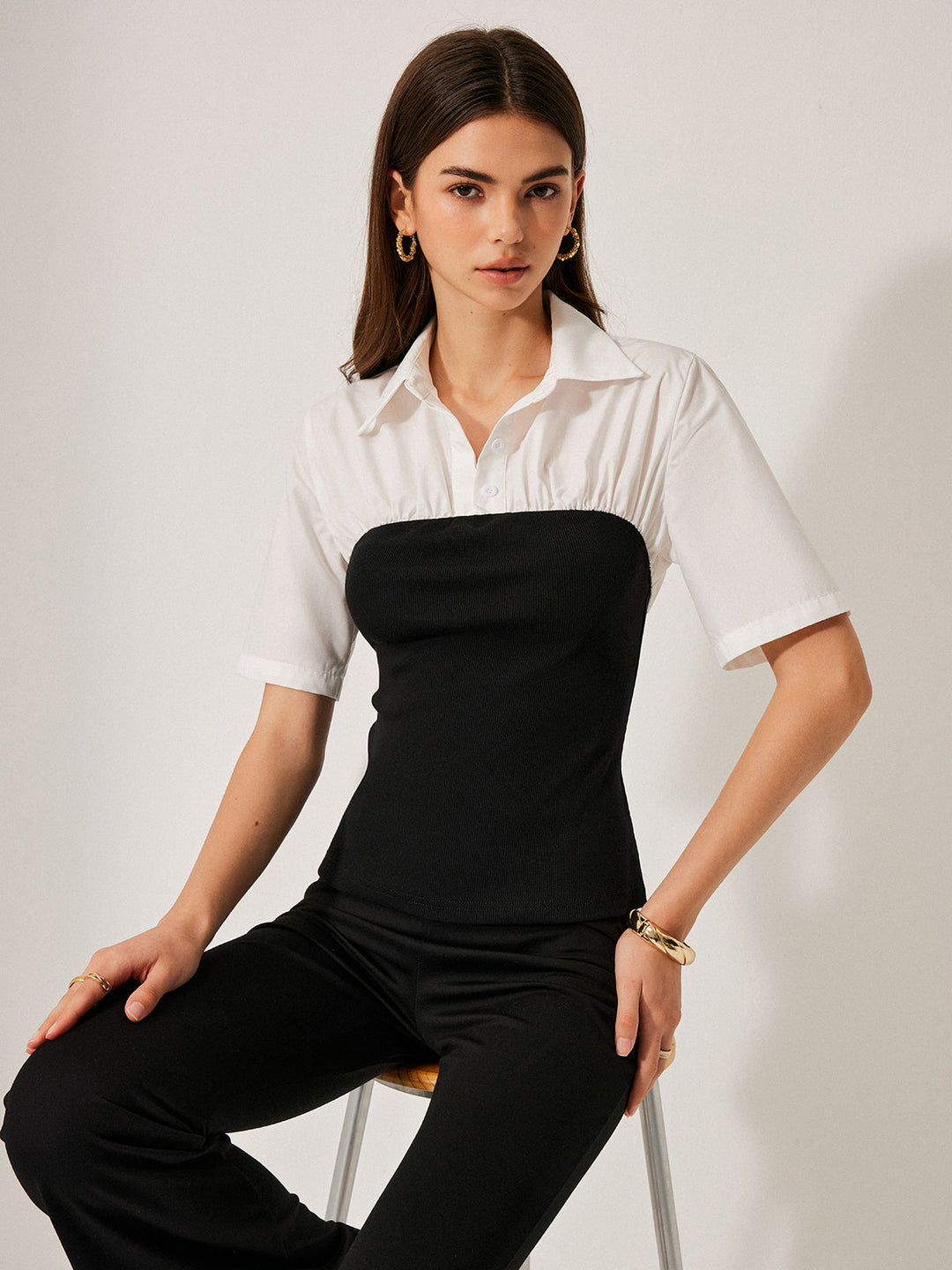 2-in-1-Panel-Dekor-Knopf-Reversbluse