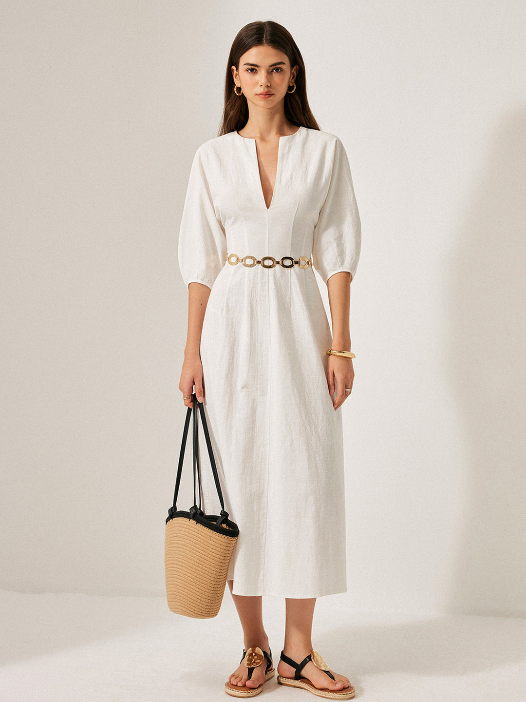 Kleid mit Puffärmeln aus Baumwolle und Leinen ohne Gürtel