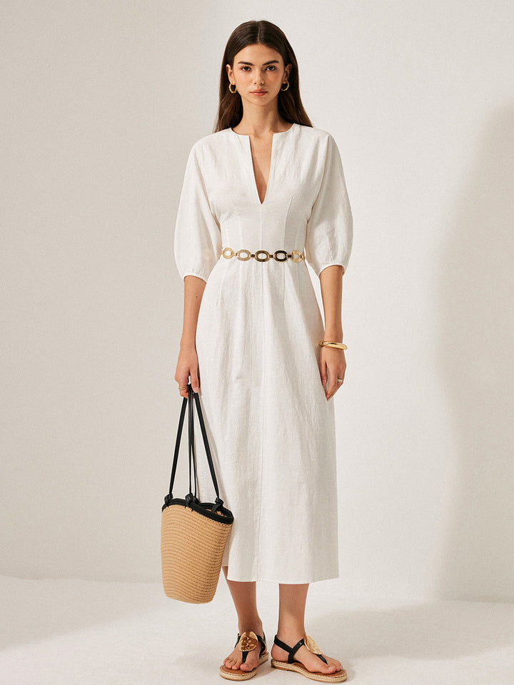 Kleid mit Puffärmeln aus Baumwolle und Leinen ohne Gürtel
