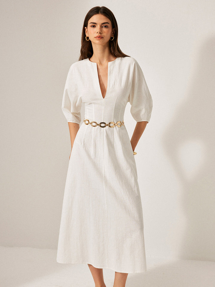 Kleid mit Puffärmeln aus Baumwolle und Leinen ohne Gürtel