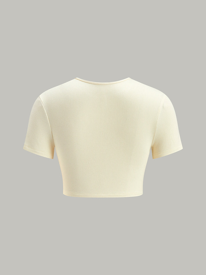 Cut-Out Ruched Metal Detail Ribbed T-Shirt