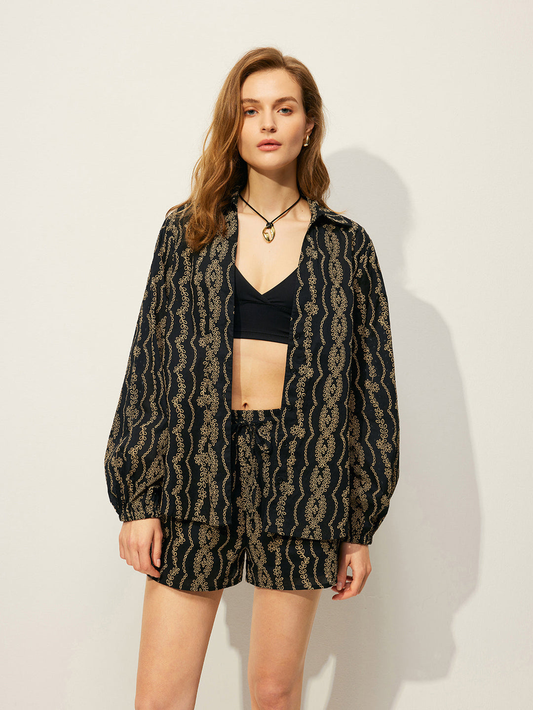 Bedrucktes Hemd Shorts Set Ohne Gürtel