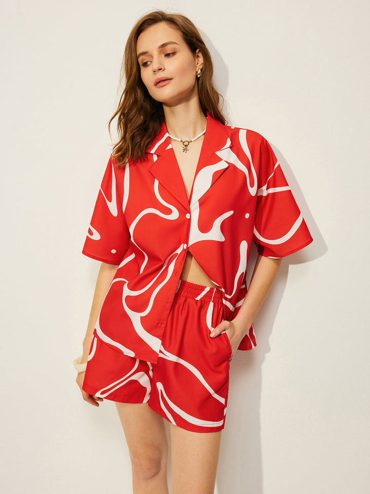 Abstrakt bedrucktes Hemd mit Shorts-Set