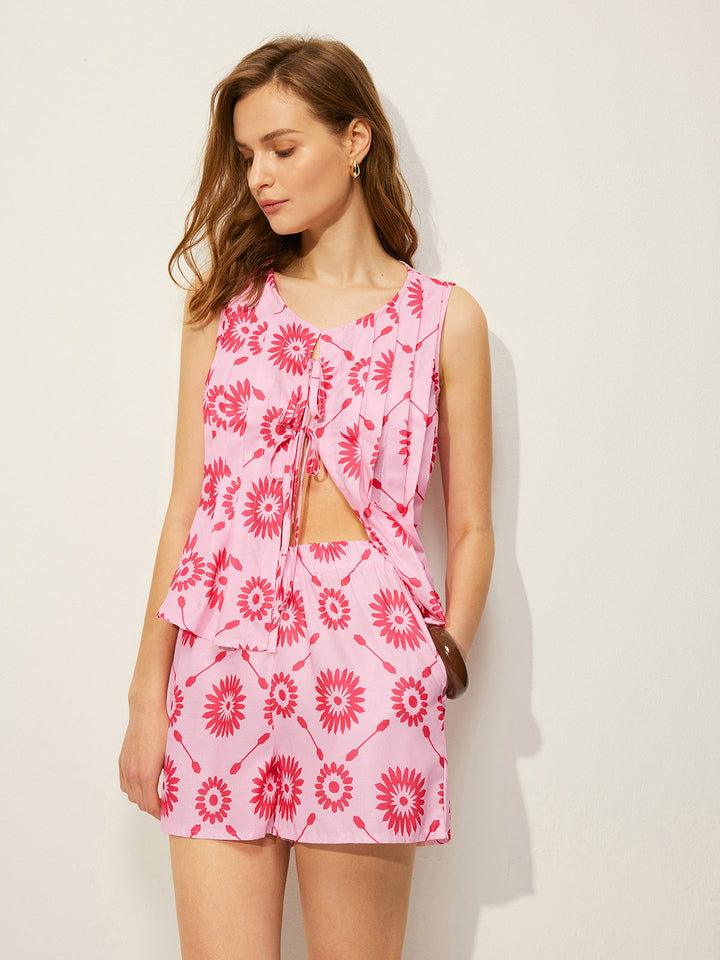 Blumenmuster-Shorts-Set Mit Taschen