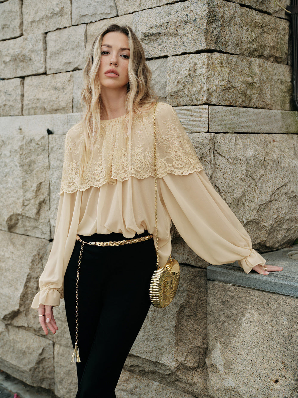 Halbdurchsichtiges Spitzen-Chiffon-Bluse