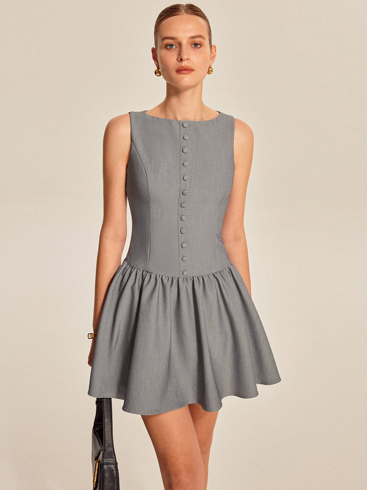 Button-Front-Kleid mit Falten und ohne Ärmel