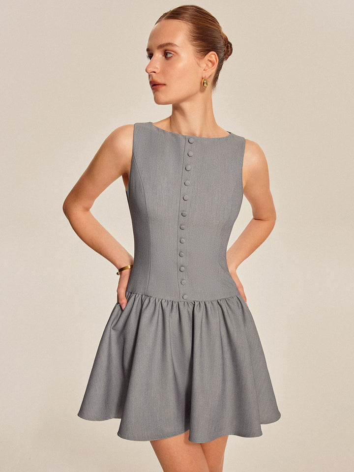 Button-Front-Kleid mit Falten und ohne Ärmel