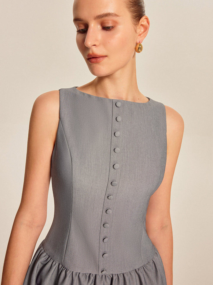Button-Front-Kleid mit Falten und ohne Ärmel
