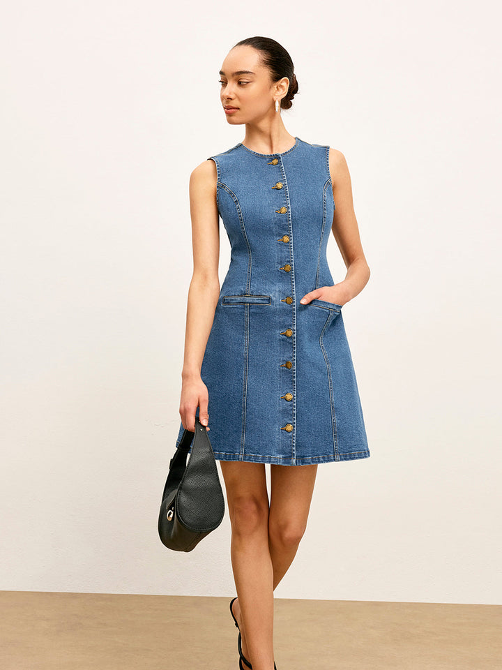 Button Detail Pockets Denim Kleid