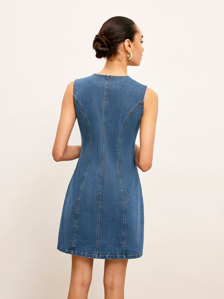 Button Detail Pockets Denim Kleid