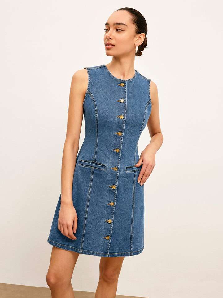 Button Detail Pockets Denim Kleid