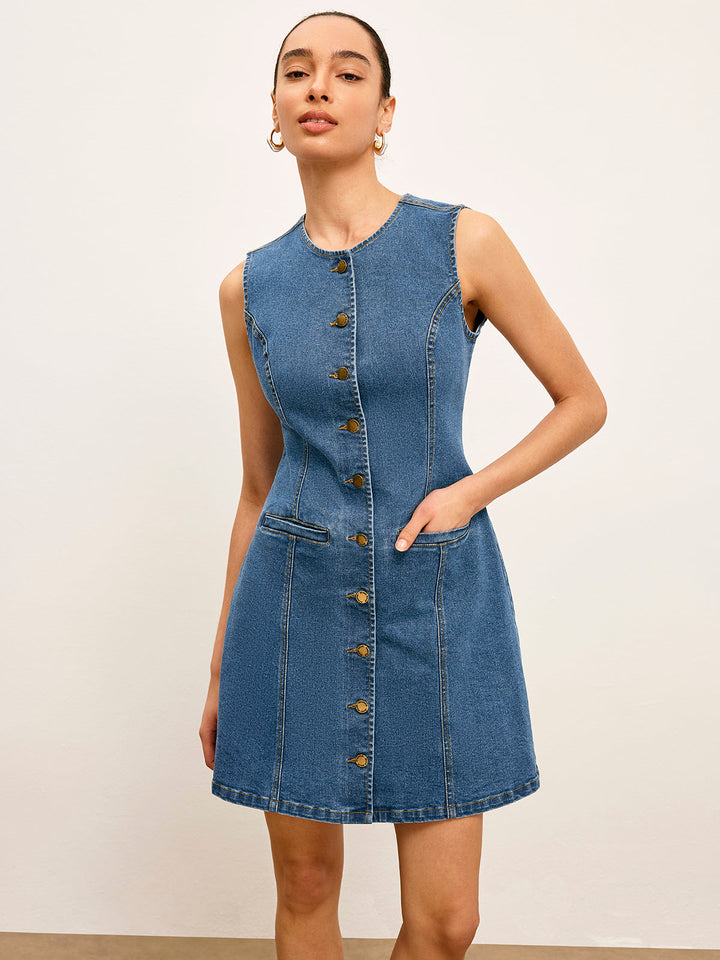 Button Detail Pockets Denim Kleid