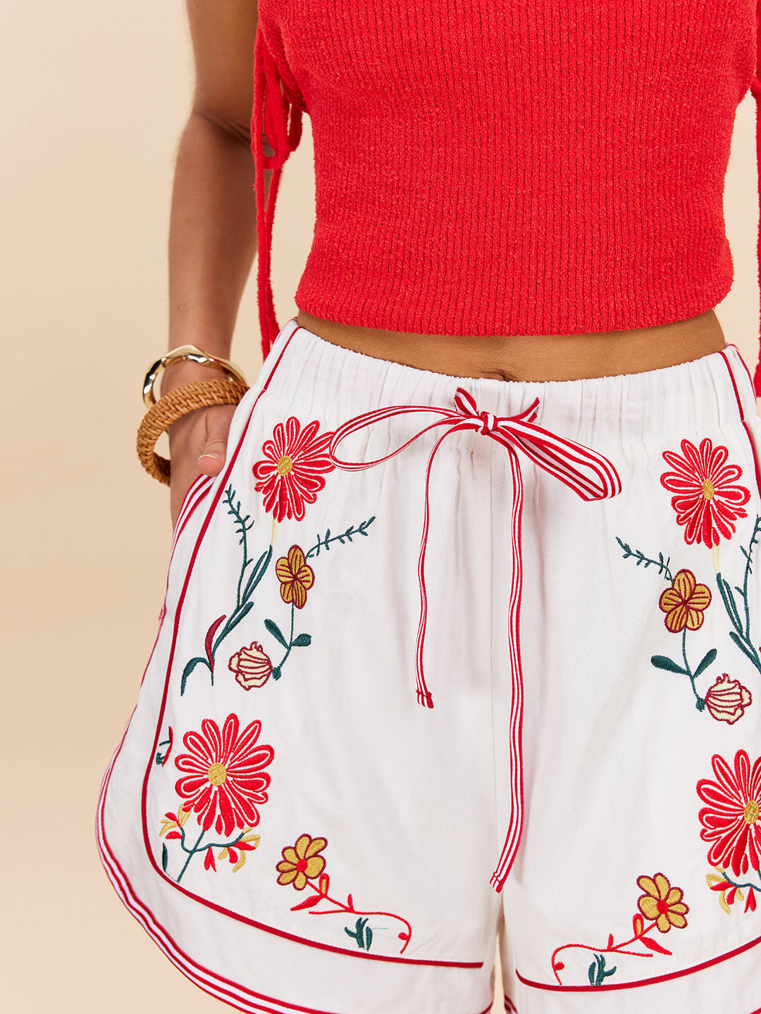 Baumwoll- & Leinen-Shorts mit floraler Stickerei und Kordelzug-Taille