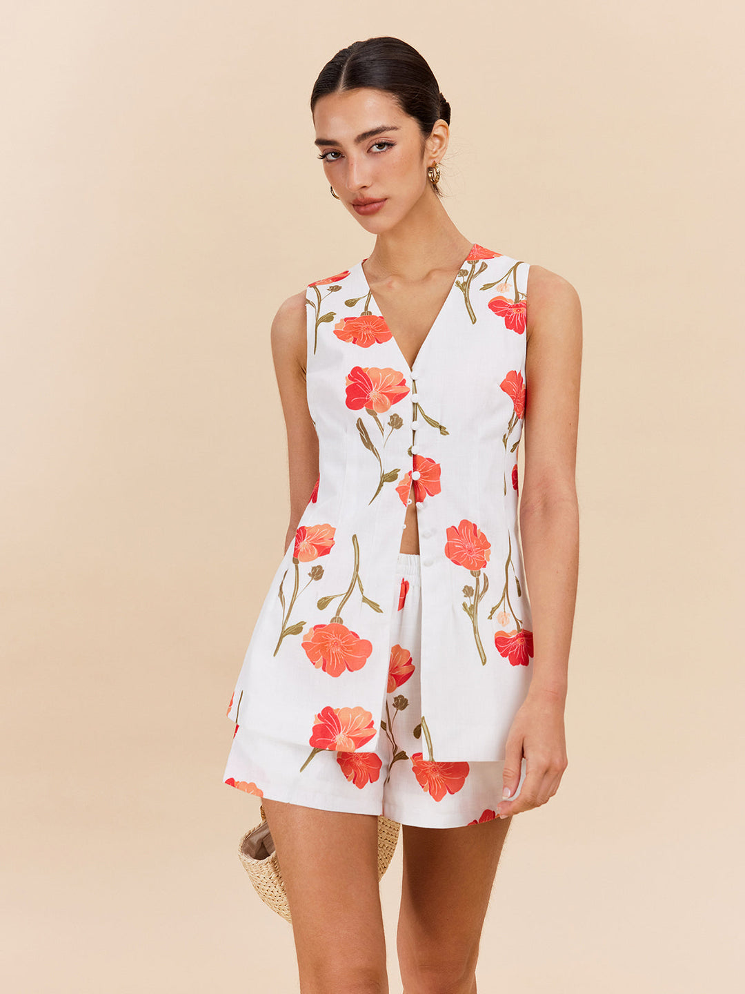 Blumenmuster-Shorts-Set mit Knopfleiste vorne