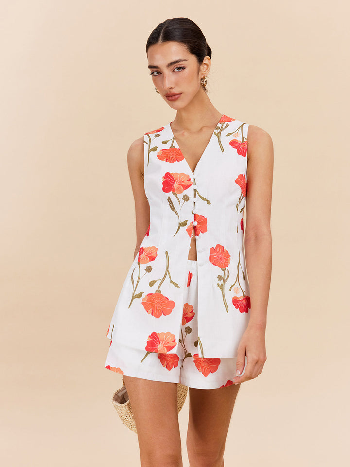 Blumenmuster-Shorts-Set mit Knopfleiste vorne